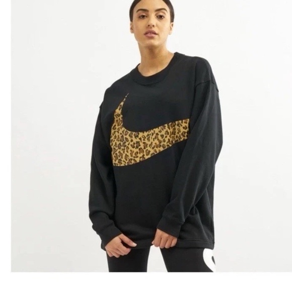 Nike NSW Women's Black Sweatshirt with Leopard Swoosh Crewneck RARE Small - Picture 1 of 6